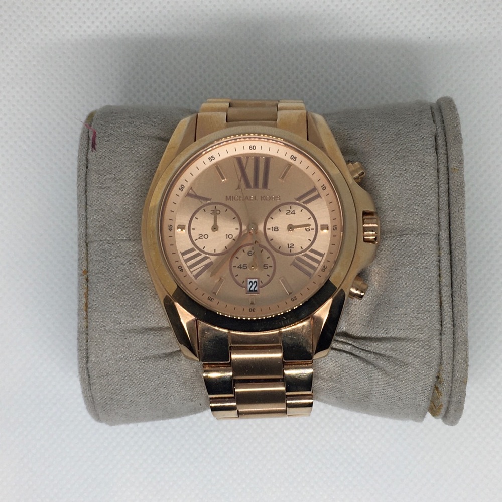 AUTH Michael Kors Bradshaw Rose Gold-Tone Stainless Steel Bracelet Watch 43mm